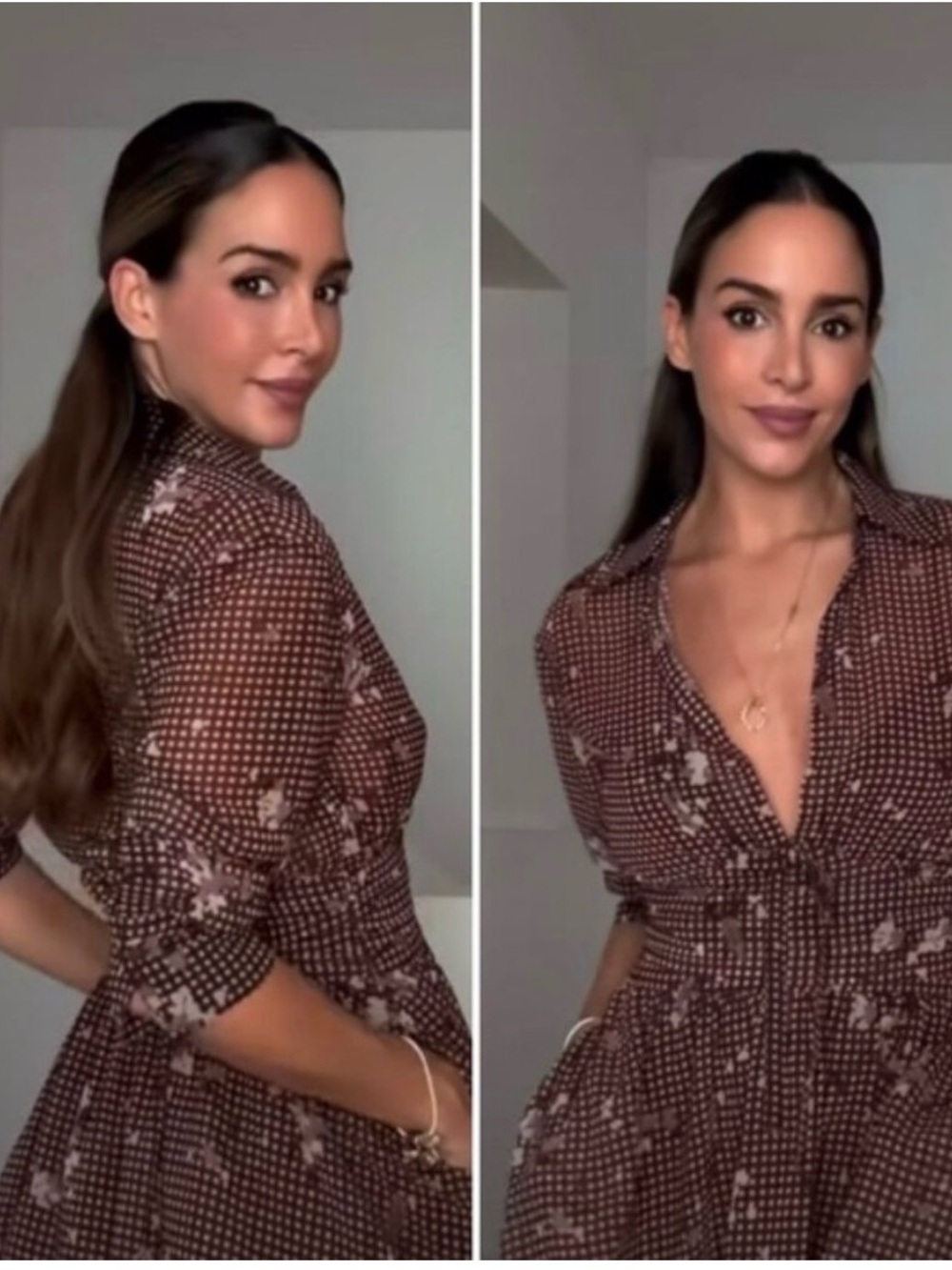 Zara Brown Gingham & Floral Long Sleeve Deep V-Neck Mini Dress - Picture 3 of 11